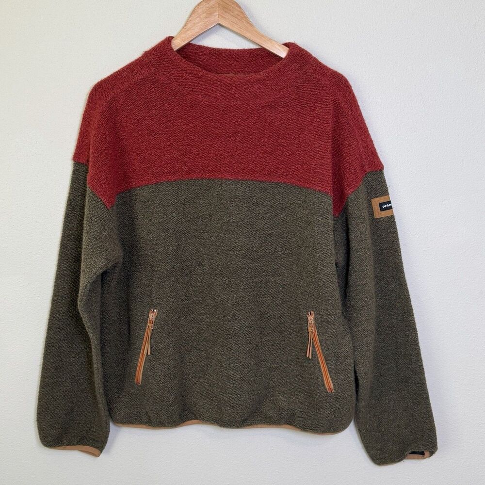 prAna Gorpcore IncrediWool Crew Sweater Green Colorblock Fleece Granola Womens L